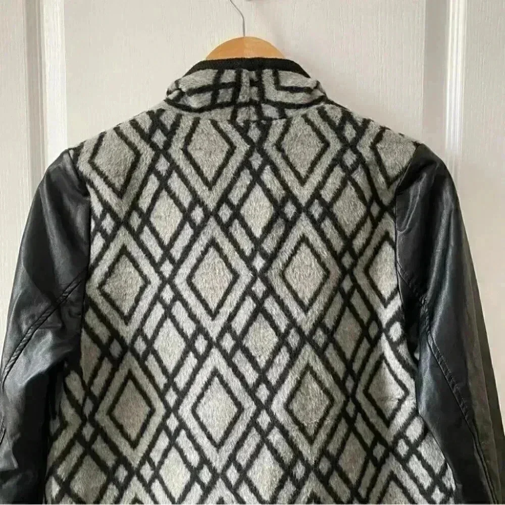 Pink  Martini Jacket Faux Leather Wool Open Front Draped Moto Black Grey Small - Picture 9 of 16